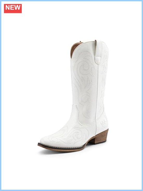 Shoes - Women's Western Cowboy Boots Faux Leather Mid Calf Square Toe Pull On
